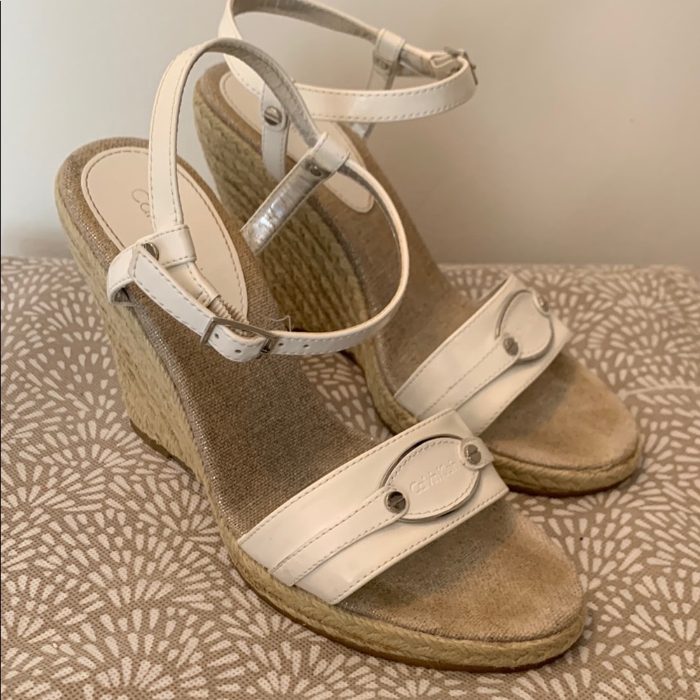 Calvin Klein “Kimora” White Wedge Espadrille Sandals with Ankle Straps Size 6.5